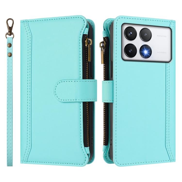 For Xiaomi Poco F6 Pro Magnetic Closure 9 Card Slots Zipper Leather Case with Hand Strap