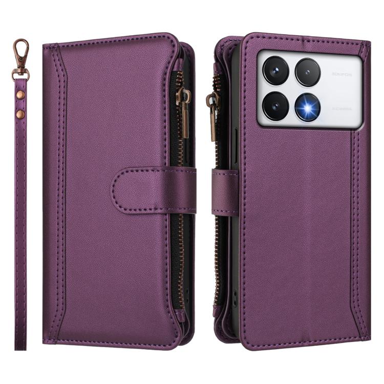For Xiaomi Poco F6 Pro Magnetic Closure 9 Card Slots Zipper Leather Case with Hand Strap