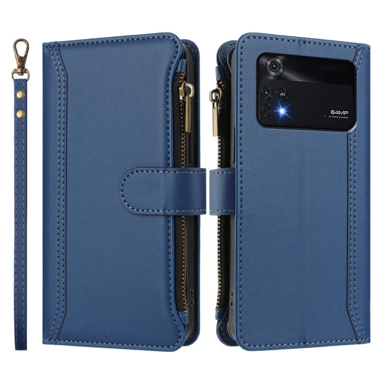 For Xiaomi Poco M4 Pro 4G Magnetic Closure 9 Card Slots Zipper Leather Case with Hand Strap