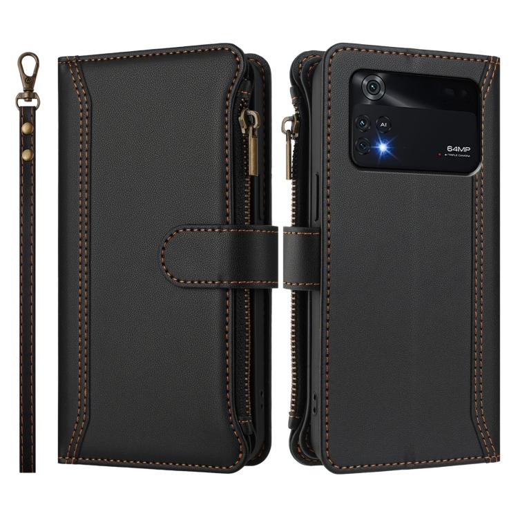 For Xiaomi Poco M4 Pro 4G Magnetic Closure 9 Card Slots Zipper Leather Case with Hand Strap