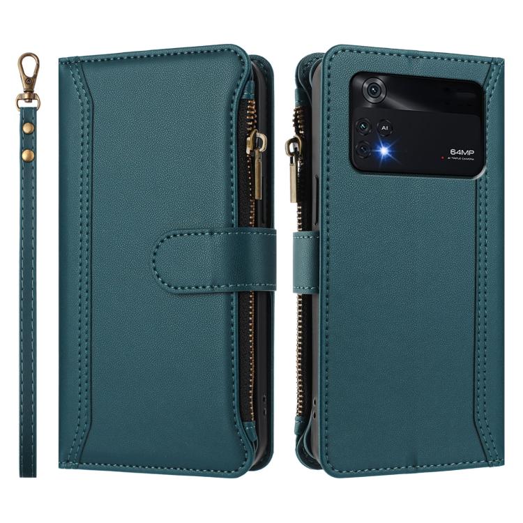 For Xiaomi Poco M4 Pro 4G Magnetic Closure 9 Card Slots Zipper Leather Case with Hand Strap