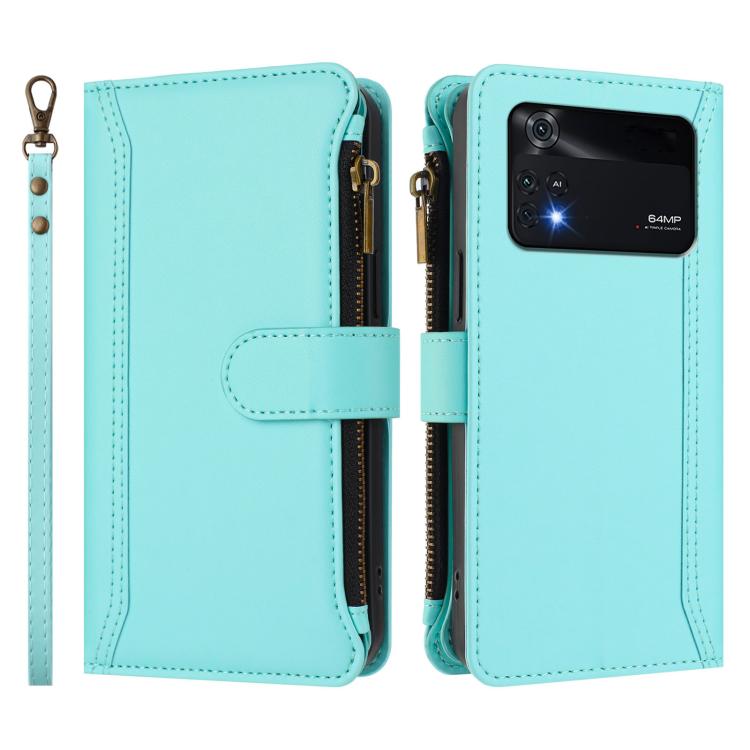 For Xiaomi Poco M4 Pro 4G Magnetic Closure 9 Card Slots Zipper Leather Case with Hand Strap