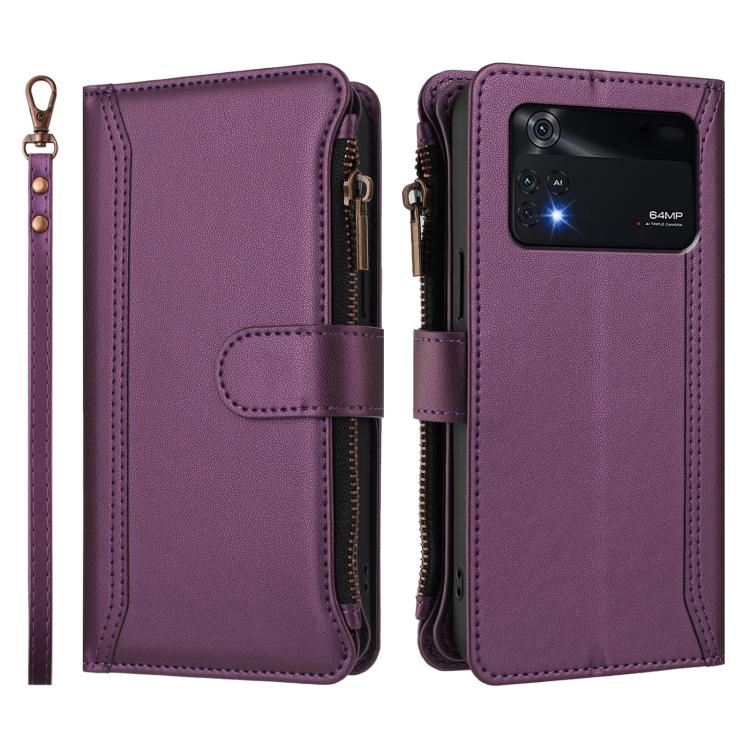 For Xiaomi Poco M4 Pro 4G Magnetic Closure 9 Card Slots Zipper Leather Case with Hand Strap