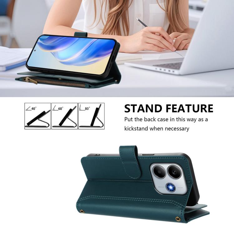 For Xiaomi Poco M7 Pro 5G Magnetic Closure 9 Card Slots Zipper Leather Case with Hand Strap