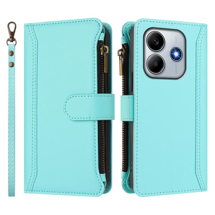 For Xiaomi Poco M7 Pro 5G Magnetic Closure 9 Card Slots Zipper Leather Case with Hand Strap