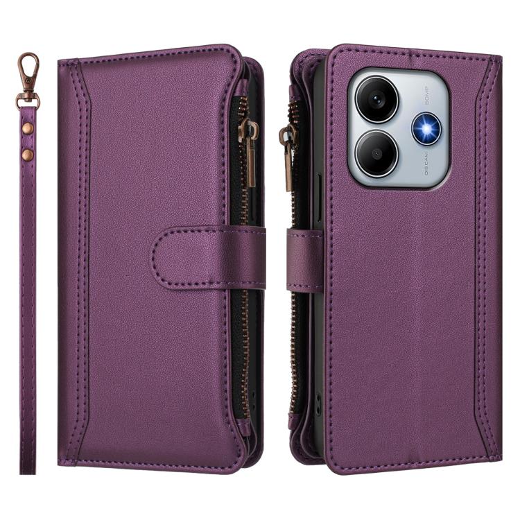 For Xiaomi Poco M7 Pro 5G Magnetic Closure 9 Card Slots Zipper Leather Case with Hand Strap