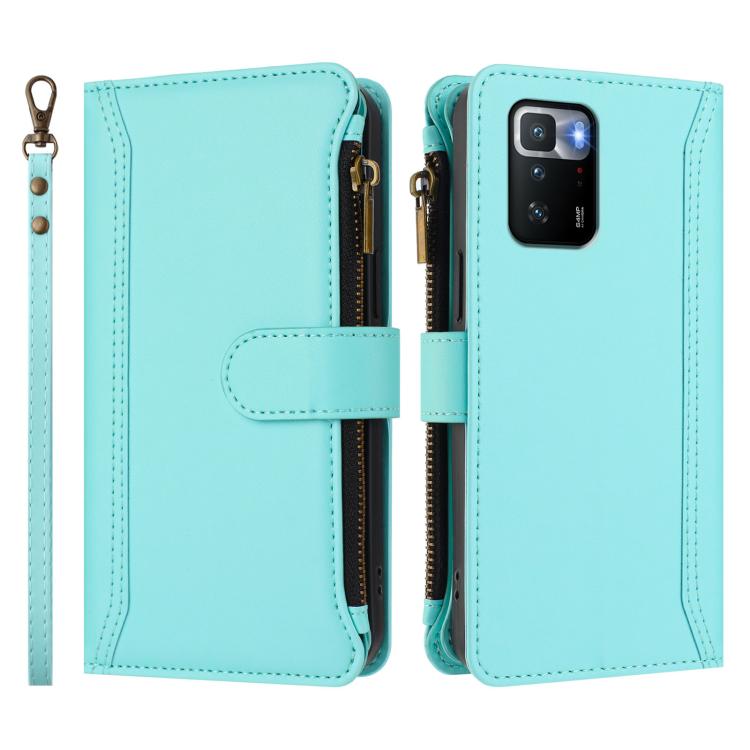 For Xiaomi Poco X3 GT Magnetic Closure 9 Card Slots Zipper Leather Case with Hand Strap