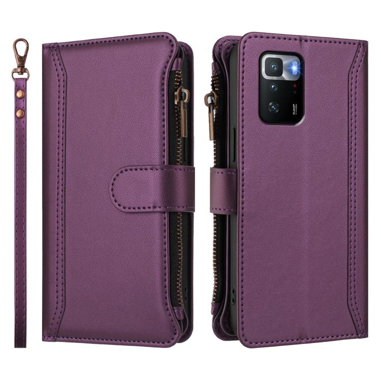 For Xiaomi Poco X3 GT Magnetic Closure 9 Card Slots Zipper Leather Case with Hand Strap