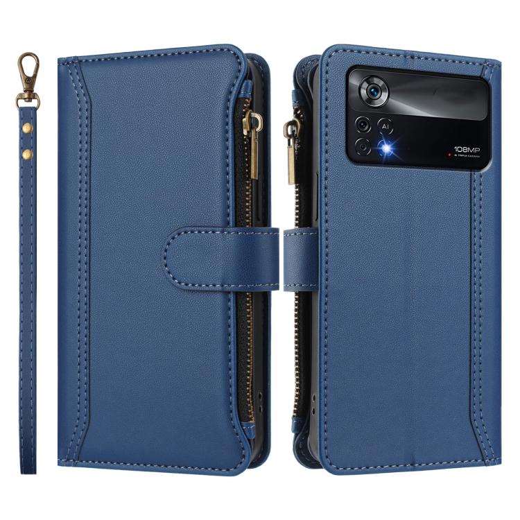 For Xiaomi Poco X4 Pro 5G Magnetic Closure 9 Card Slots Zipper Leather Case with Hand Strap