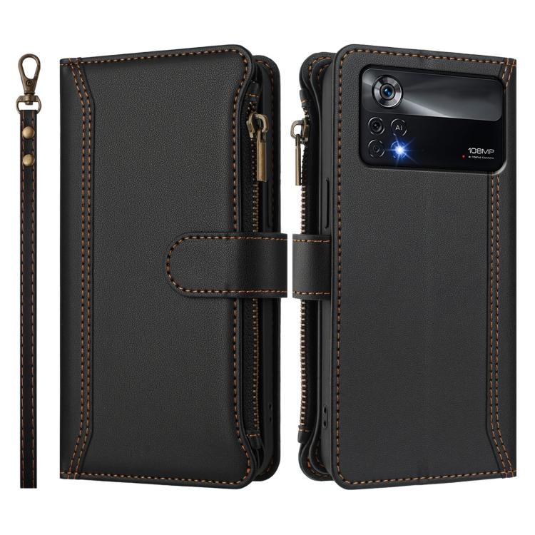 For Xiaomi Poco X4 Pro 5G Magnetic Closure 9 Card Slots Zipper Leather Case with Hand Strap