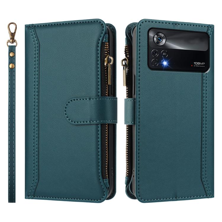 For Xiaomi Poco X4 Pro 5G Magnetic Closure 9 Card Slots Zipper Leather Case with Hand Strap