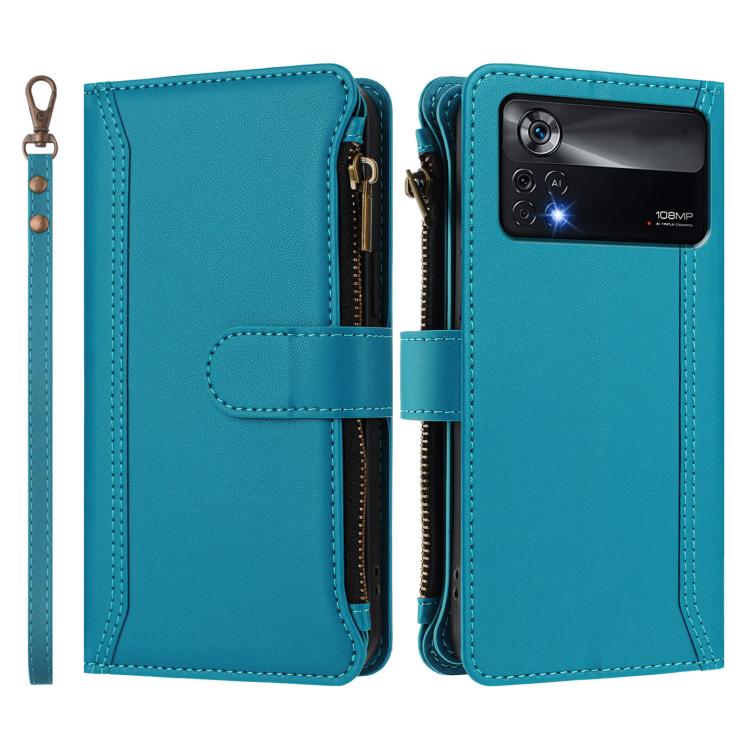 For Xiaomi Poco X4 Pro 5G Magnetic Closure 9 Card Slots Zipper Leather Case with Hand Strap