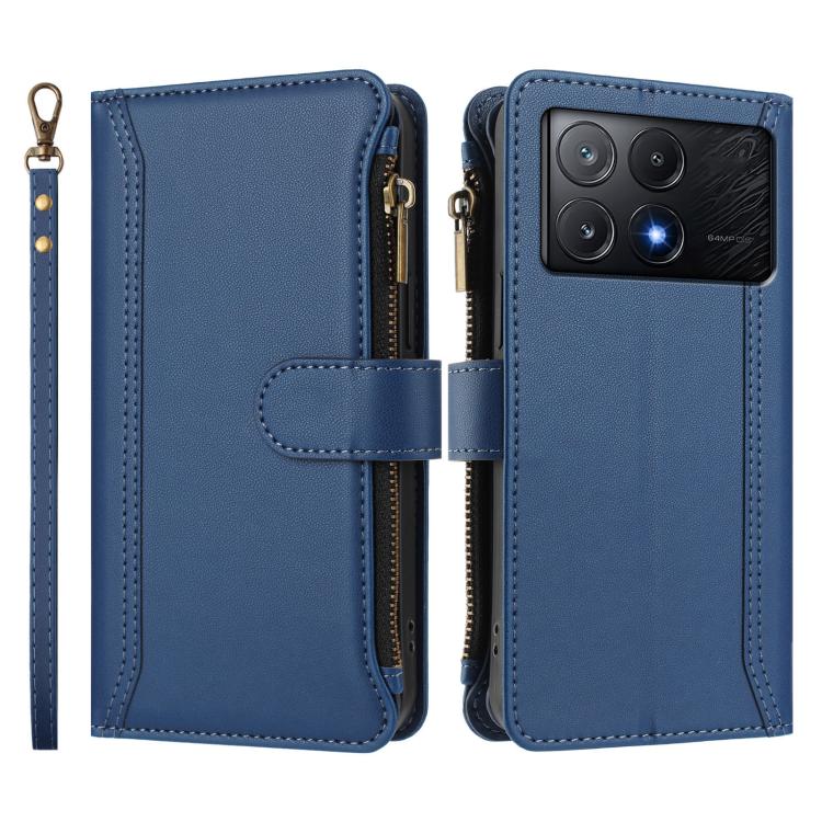 For Xiaomi Poco X6 Pro Magnetic Closure 9 Card Slots Zipper Leather Case with Hand Strap