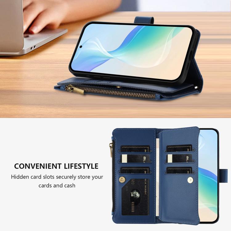 For Xiaomi Poco X6 Pro Magnetic Closure 9 Card Slots Zipper Leather Case with Hand Strap