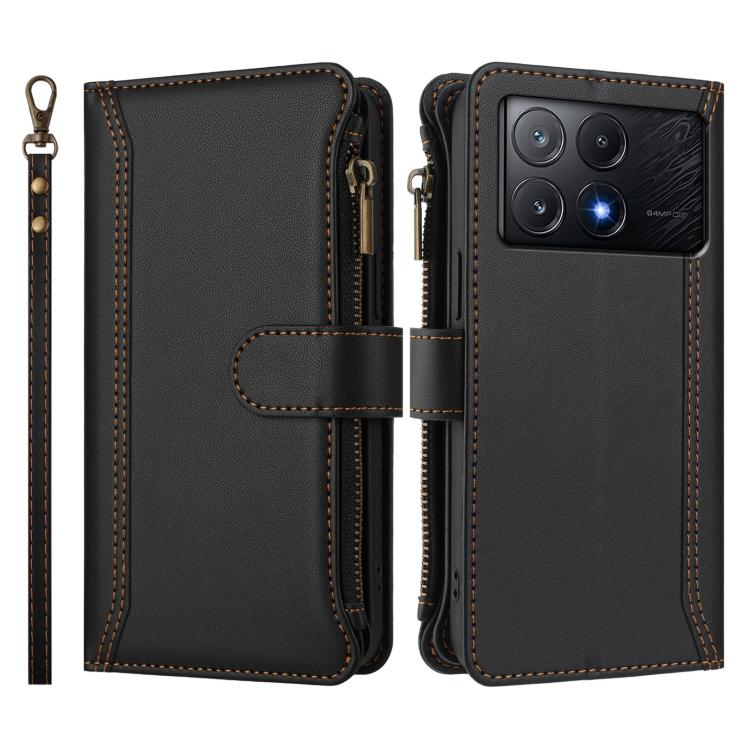 For Xiaomi Poco X6 Pro Magnetic Closure 9 Card Slots Zipper Leather Case with Hand Strap