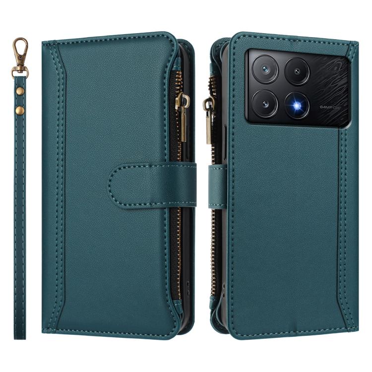 For Xiaomi Poco X6 Pro Magnetic Closure 9 Card Slots Zipper Leather Case with Hand Strap