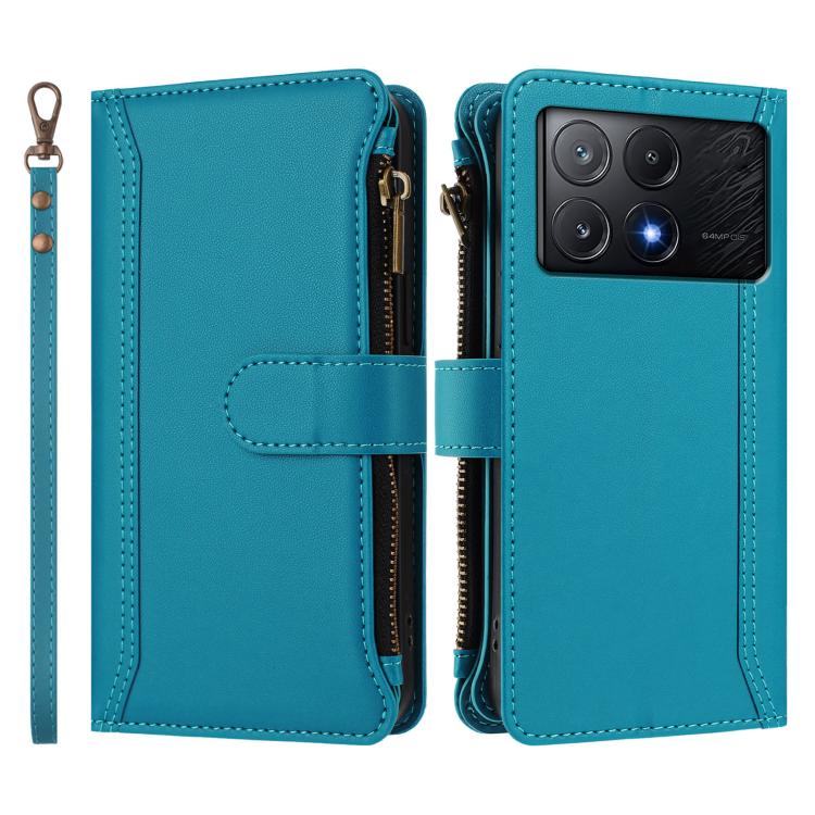 For Xiaomi Poco X6 Pro Magnetic Closure 9 Card Slots Zipper Leather Case with Hand Strap