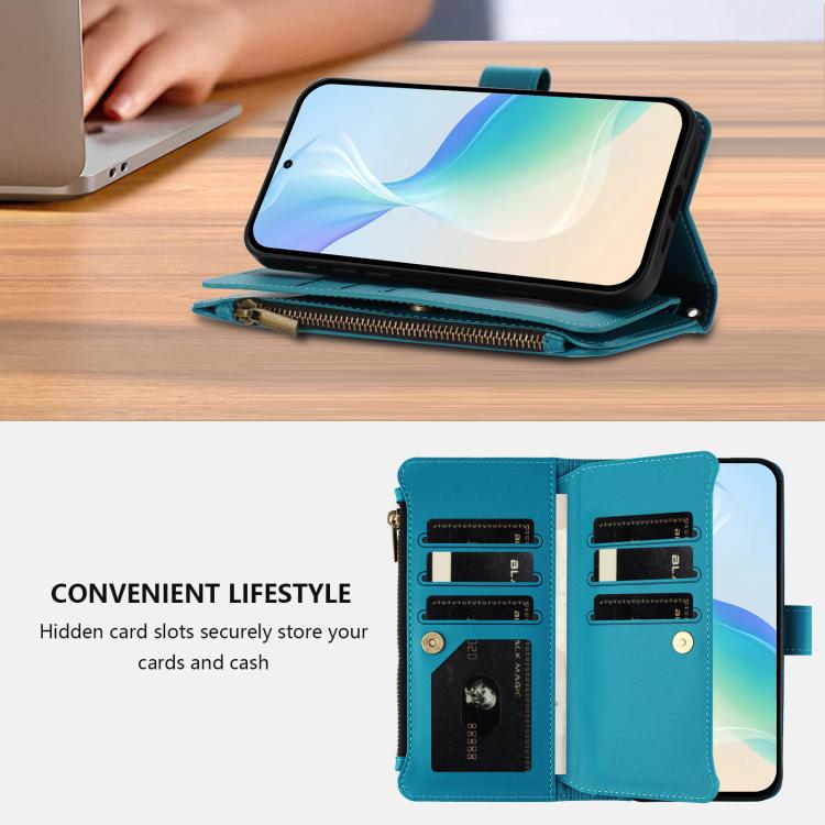 For Xiaomi Poco X6 Pro Magnetic Closure 9 Card Slots Zipper Leather Case with Hand Strap