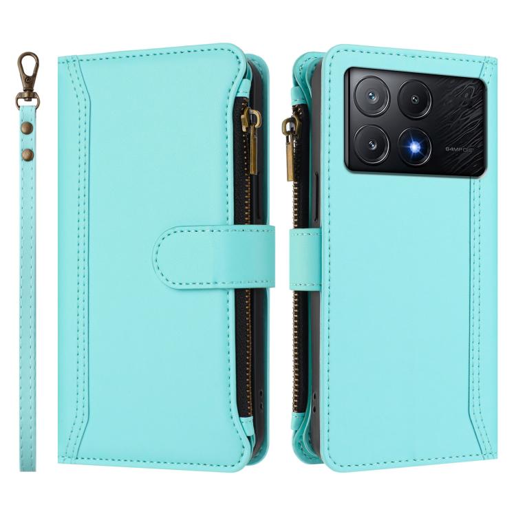 For Xiaomi Poco X6 Pro Magnetic Closure 9 Card Slots Zipper Leather Case with Hand Strap