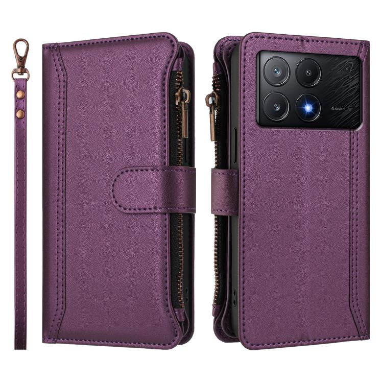 For Xiaomi Poco X6 Pro Magnetic Closure 9 Card Slots Zipper Leather Case with Hand Strap