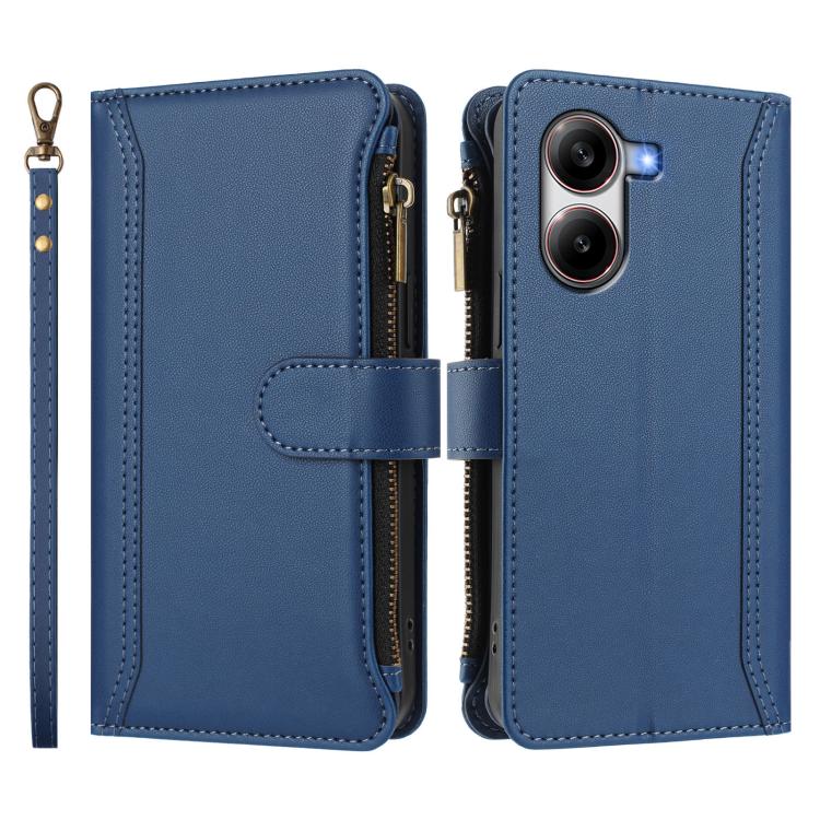 For Xiaomi Poco X7 Pro Magnetic Closure 9 Card Slots Zipper Leather Case with Hand Strap