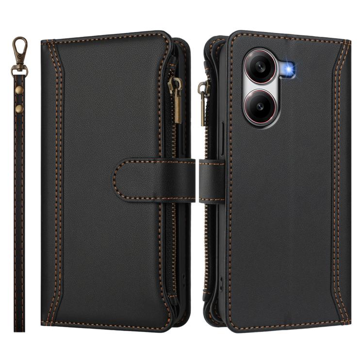 For Xiaomi Poco X7 Pro Magnetic Closure 9 Card Slots Zipper Leather Case with Hand Strap