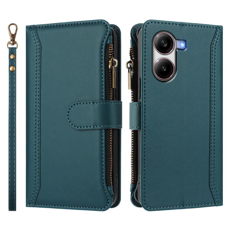 For Xiaomi Poco X7 Pro Magnetic Closure 9 Card Slots Zipper Leather Case with Hand Strap