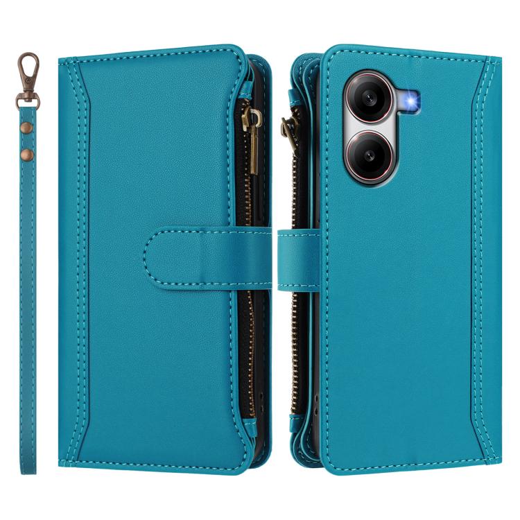 For Xiaomi Poco X7 Pro Magnetic Closure 9 Card Slots Zipper Leather Case with Hand Strap