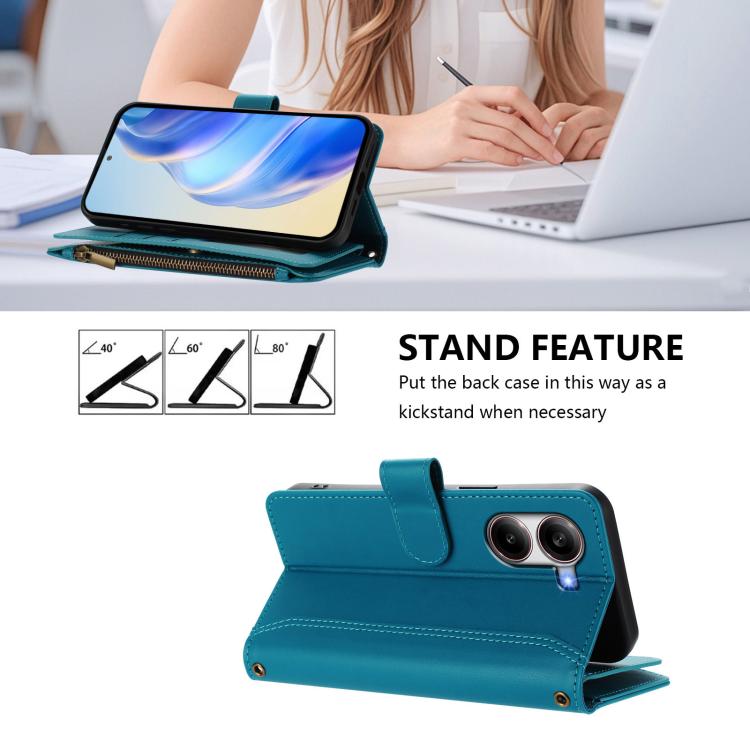 For Xiaomi Poco X7 Pro Magnetic Closure 9 Card Slots Zipper Leather Case with Hand Strap