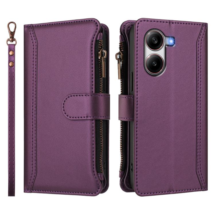 For Xiaomi Poco X7 Pro Magnetic Closure 9 Card Slots Zipper Leather Case with Hand Strap
