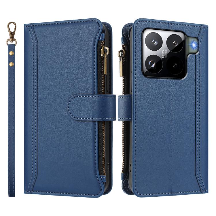 For Xiaomi 15S Pro Magnetic Closure 9 Card Slots Zipper Leather Case with Hand Strap