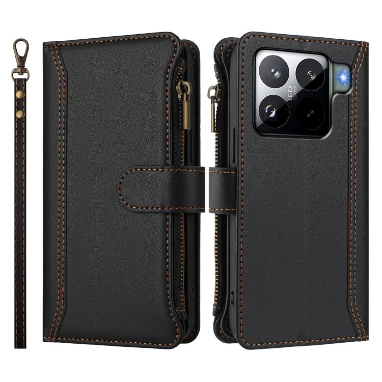 For Xiaomi 15S Pro Magnetic Closure 9 Card Slots Zipper Leather Case with Hand Strap