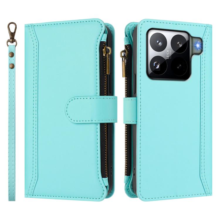 For Xiaomi 15S Pro Magnetic Closure 9 Card Slots Zipper Leather Case with Hand Strap
