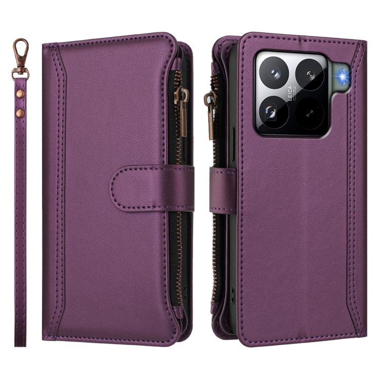 For Xiaomi 15S Pro Magnetic Closure 9 Card Slots Zipper Leather Case with Hand Strap