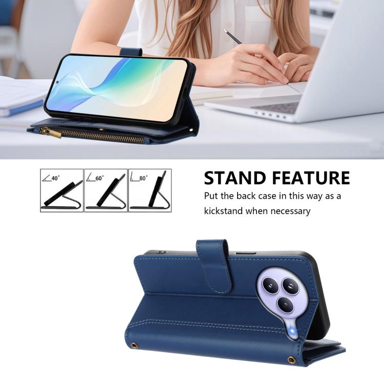 For Xiaomi Civi 5 Pro Magnetic Closure 9 Card Slots Zipper Leather Case with Hand Strap