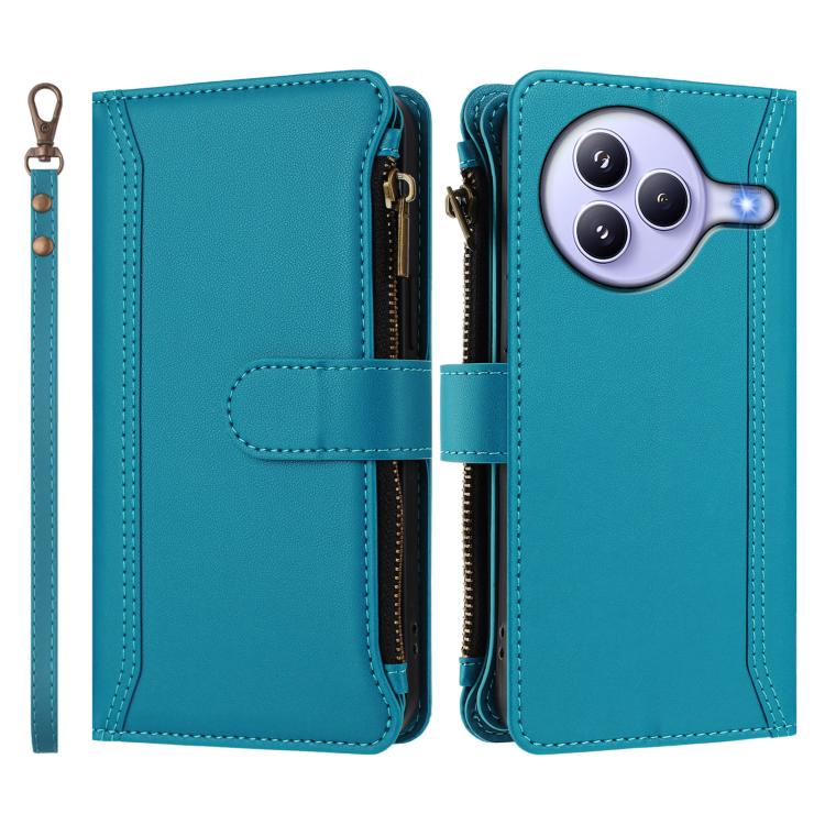 For Xiaomi Civi 5 Pro Magnetic Closure 9 Card Slots Zipper Leather Case with Hand Strap