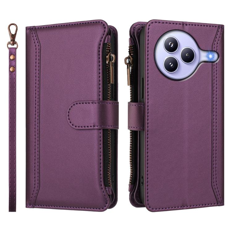 For Xiaomi Civi 5 Pro Magnetic Closure 9 Card Slots Zipper Leather Case with Hand Strap