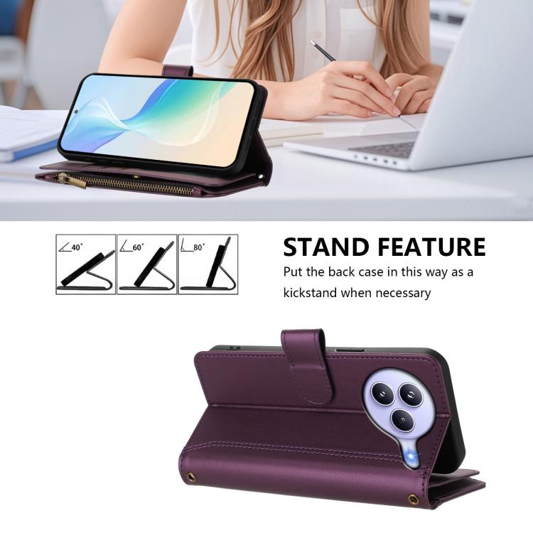 For Xiaomi Civi 5 Pro Magnetic Closure 9 Card Slots Zipper Leather Case with Hand Strap