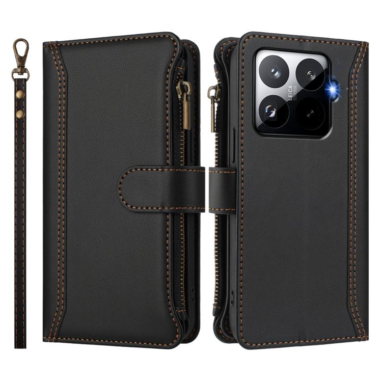 For Xiaomi 15T Pro 5G Magnetic Closure 9 Card Slots Zipper Leather Case with Hand Strap
