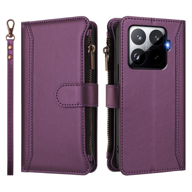 For Xiaomi 15T Pro 5G Magnetic Closure 9 Card Slots Zipper Leather Case with Hand Strap