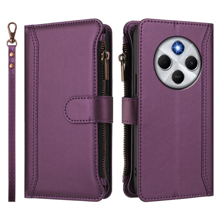 For Xiaomi Poco M7 5G / C75 4G Magnetic Closure 9 Card Slots Zipper Leather Case with Hand Strap