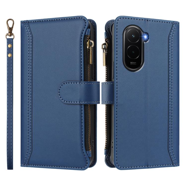For Xiaomi Poco M7 4G 169mm Magnetic Closure 9 Card Slots Zipper Leather Case with Hand Strap