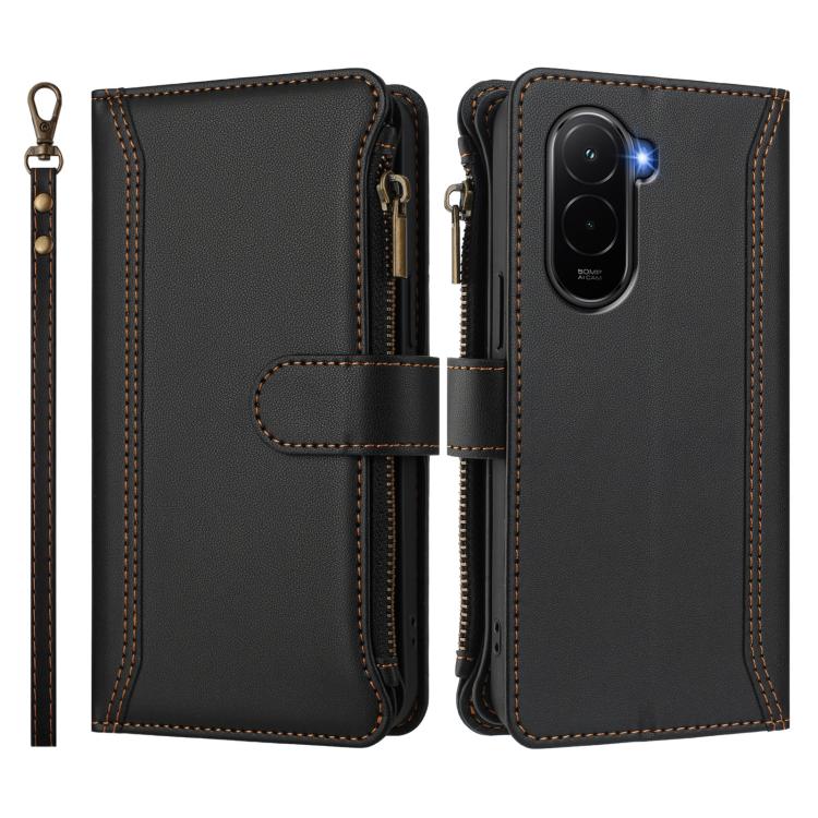 For Xiaomi Poco M7 4G 169mm Magnetic Closure 9 Card Slots Zipper Leather Case with Hand Strap