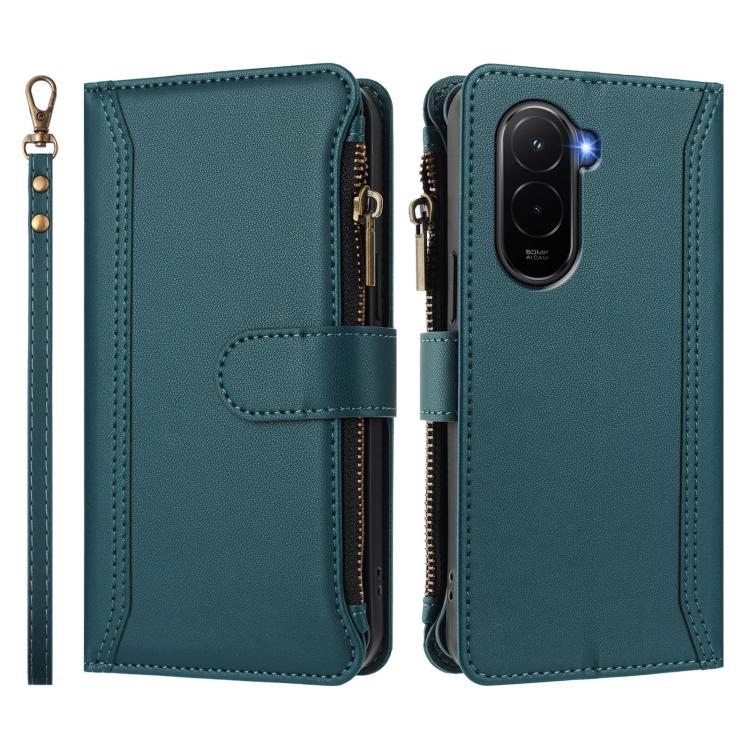 For Xiaomi Poco M7 4G 169mm Magnetic Closure 9 Card Slots Zipper Leather Case with Hand Strap
