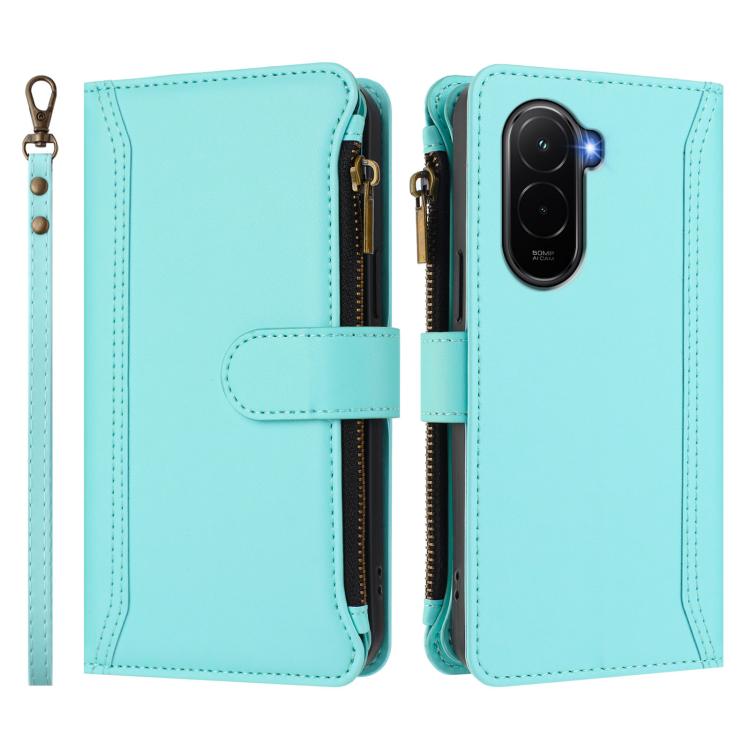 For Xiaomi Poco M7 4G 169mm Magnetic Closure 9 Card Slots Zipper Leather Case with Hand Strap