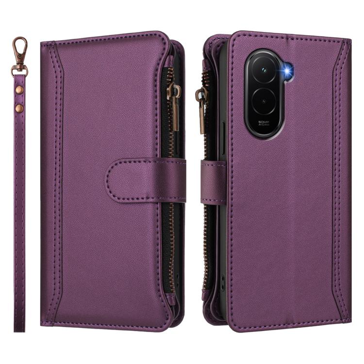 For Xiaomi Poco M7 4G 169mm Magnetic Closure 9 Card Slots Zipper Leather Case with Hand Strap
