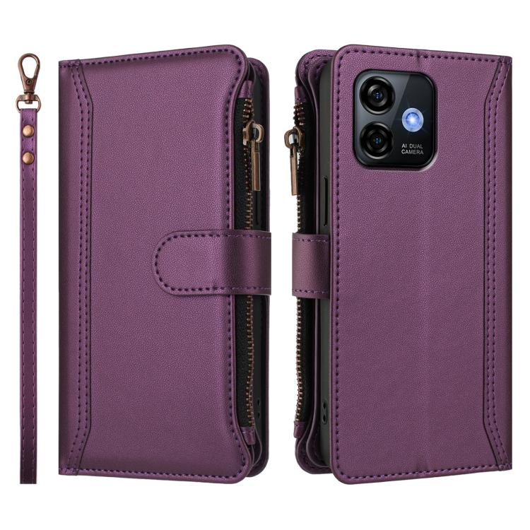 For Ulefone Note 16 Pro Magnetic Closure 9 Card Slots Zipper Leather Case with Hand Strap