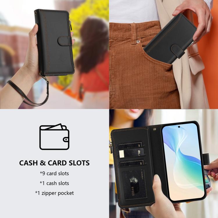 For Ulefone Note 17 Pro Magnetic Closure 9 Card Slots Zipper Leather Case with Hand Strap
