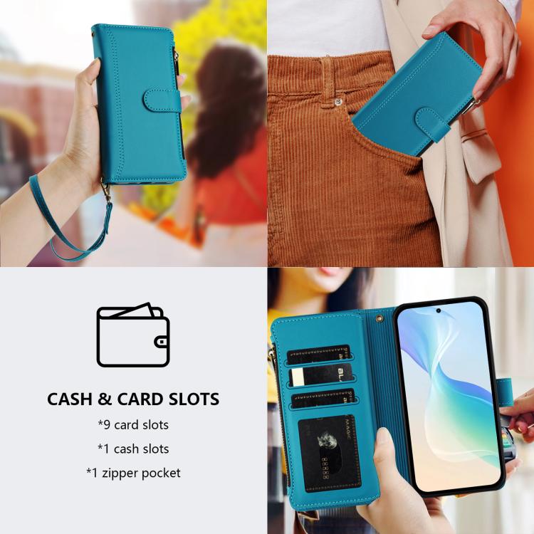 For Ulefone Note 17 Pro Magnetic Closure 9 Card Slots Zipper Leather Case with Hand Strap