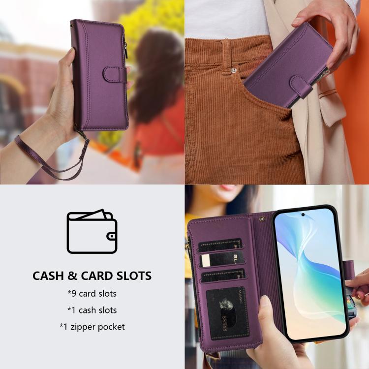 For Ulefone Note 17 Pro Magnetic Closure 9 Card Slots Zipper Leather Case with Hand Strap